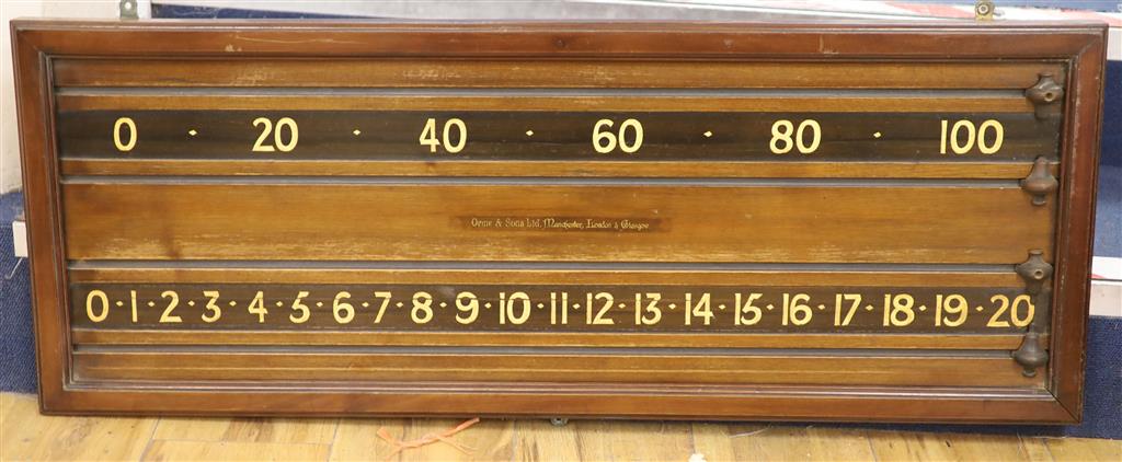 An Orme & Son Ltd mahogany snooker score board, 92cm long, 35cm high